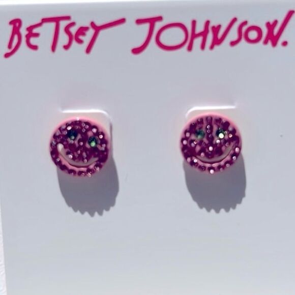 🩷 Betsey Johnson Pink and Green Crystal Smiley Face Earrings 🩷 - Picture 3 of 8